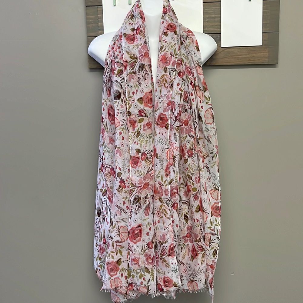 Marcus Adler New York Floral Large White Fashion Scarf with Frayed Edges- OS